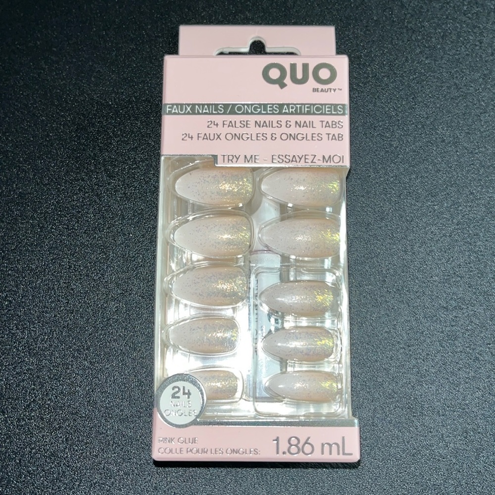QUO Beauty Faux Nails 24 False Nails & Nail Tabs with Pink Glue Included NWT $15